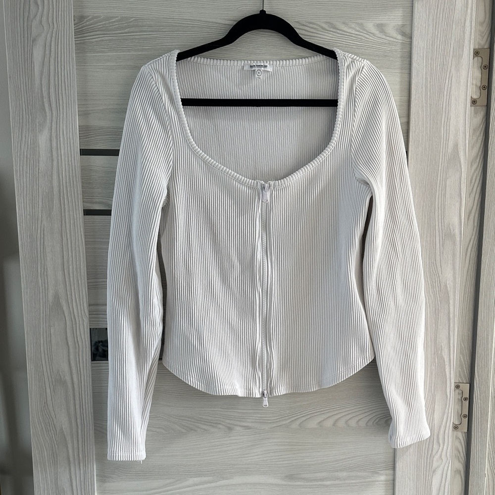 Good American White Ribbed 2 way Zip-Up thick ribbed corset top